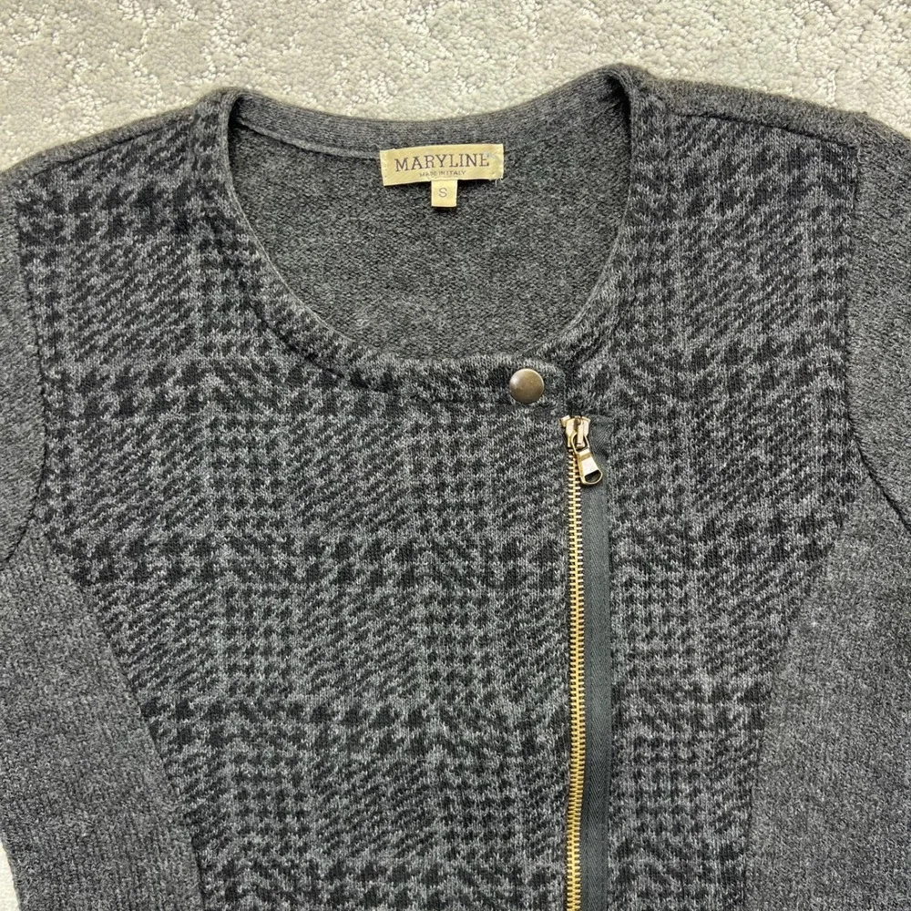 Maryline Cardigan Sweater Womens S Gray Houndstooth Asymmetrical Zip Wool Blend